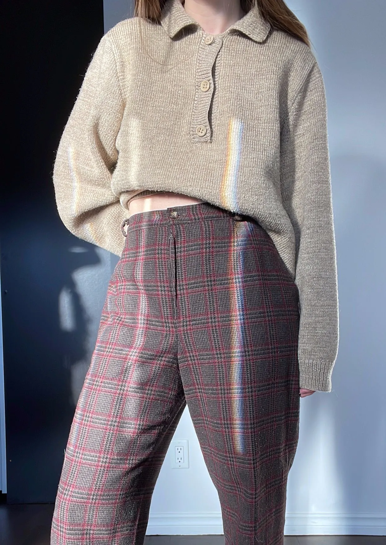 90s High-Rise Warm-Toned Plaid Trousers - 35