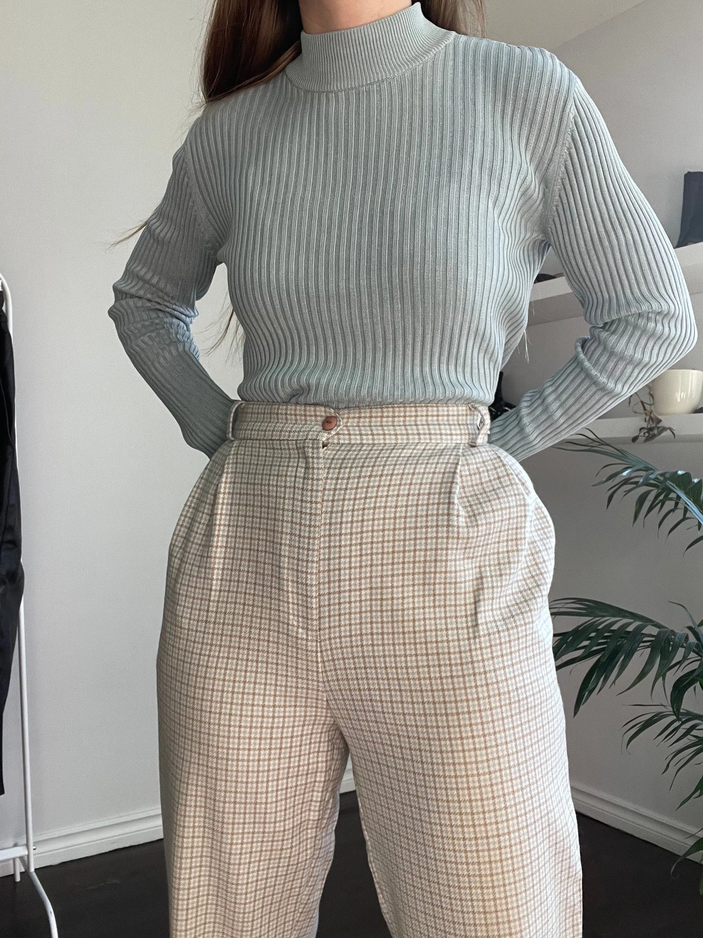90s Houdstooth Plaid 100% Wool Trousers - 6