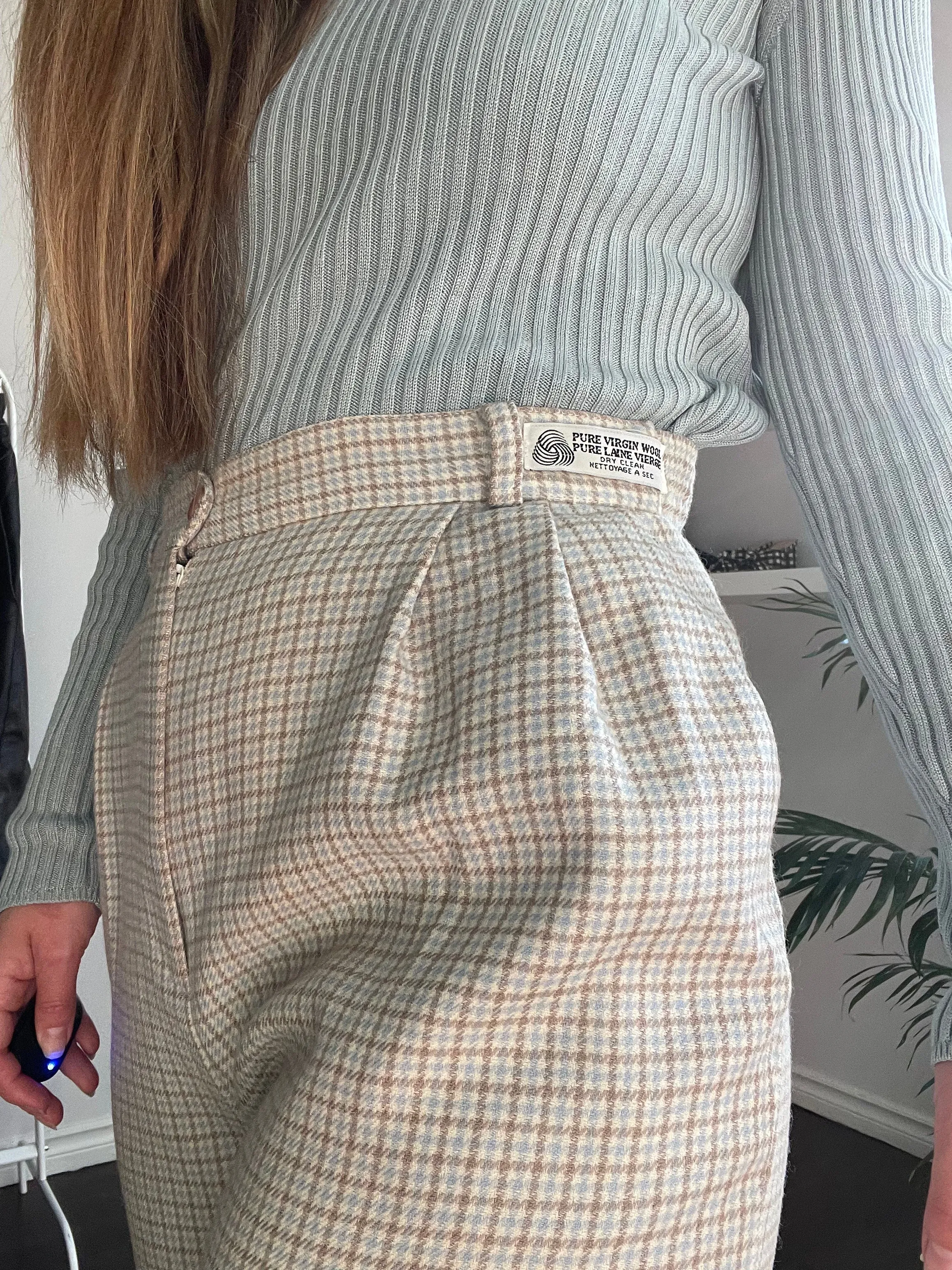 90s Houdstooth Plaid 100% Wool Trousers - 6