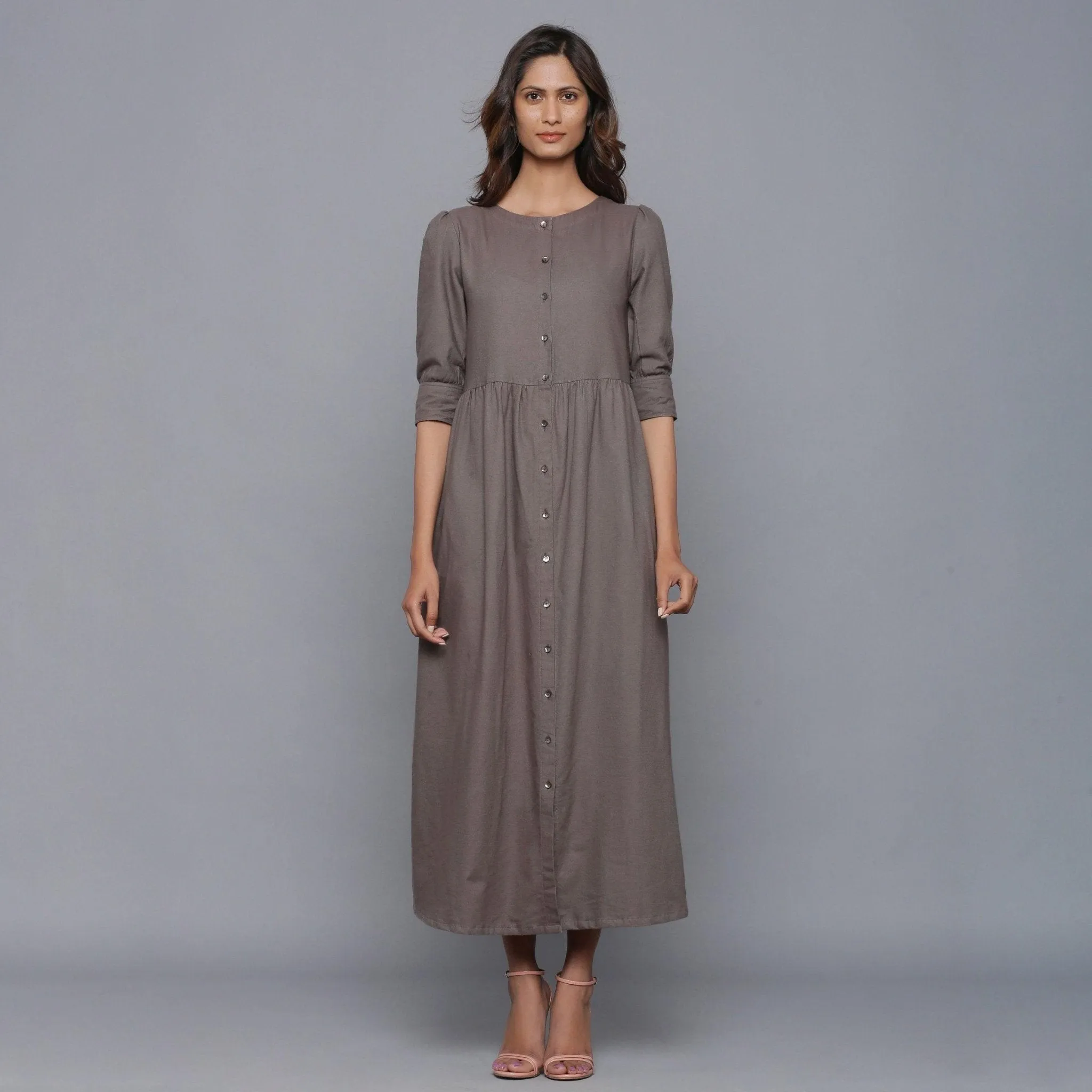 Ash Grey Warm Cotton Flannel Gathered Maxi Dress