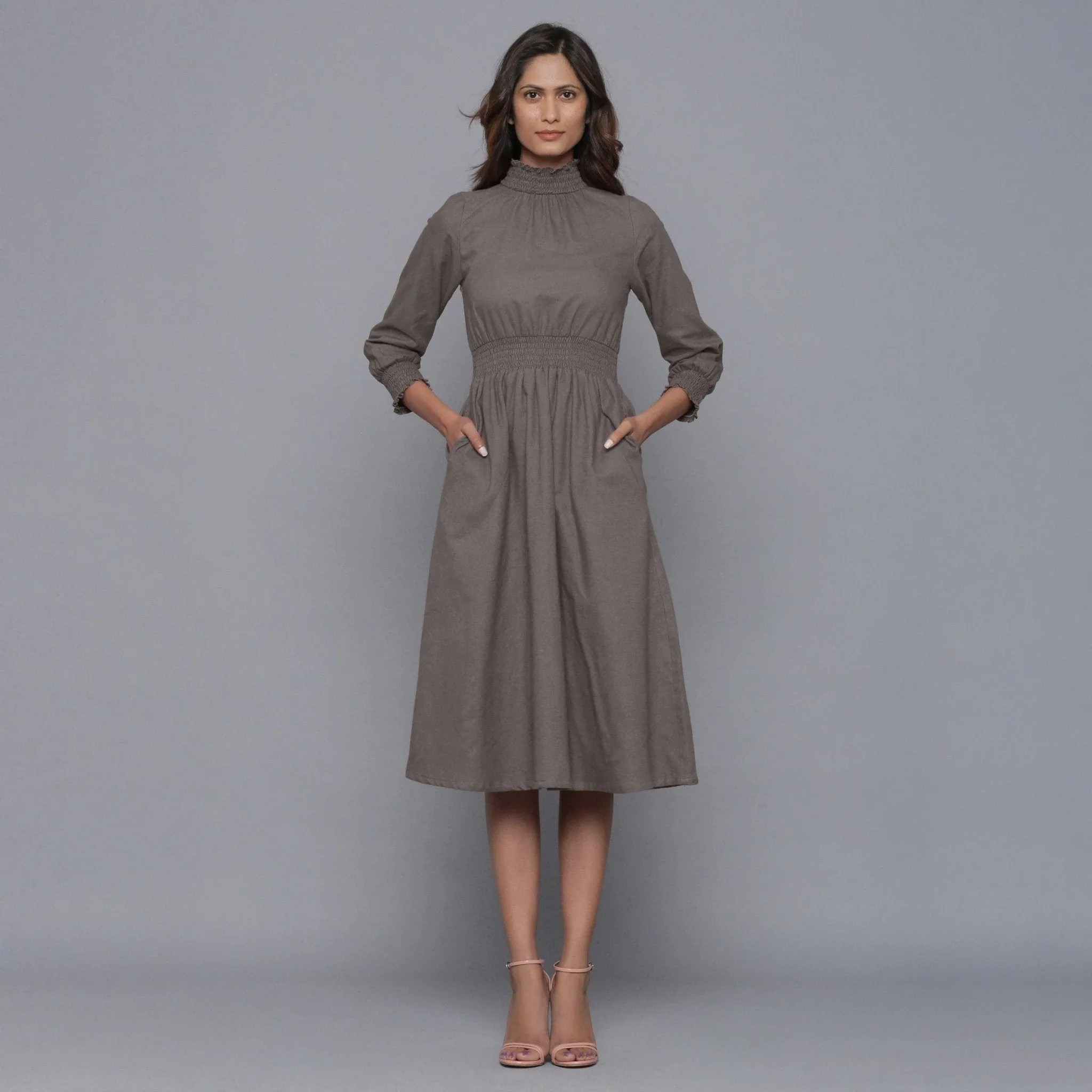 Ash Grey Warm Cotton Flannel High Neck Midi Dress