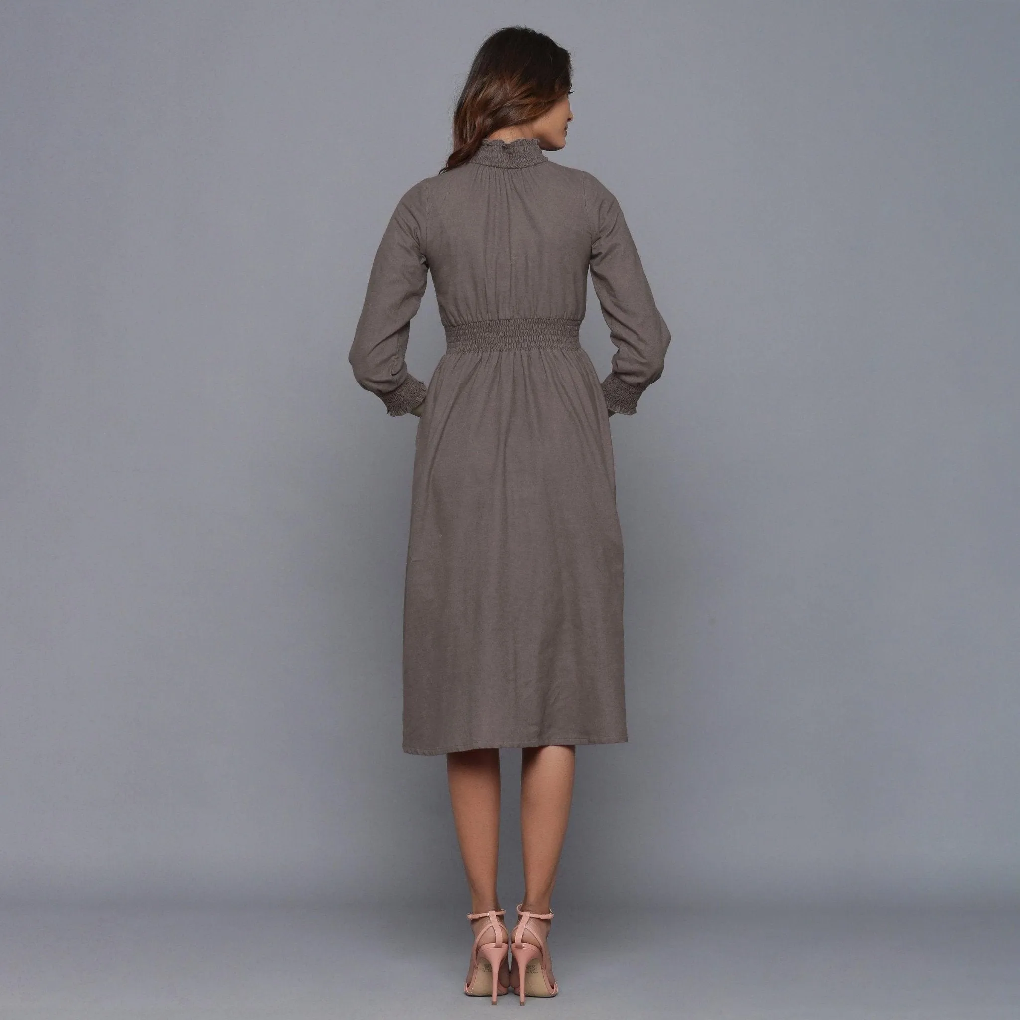 Ash Grey Warm Cotton Flannel High Neck Midi Dress