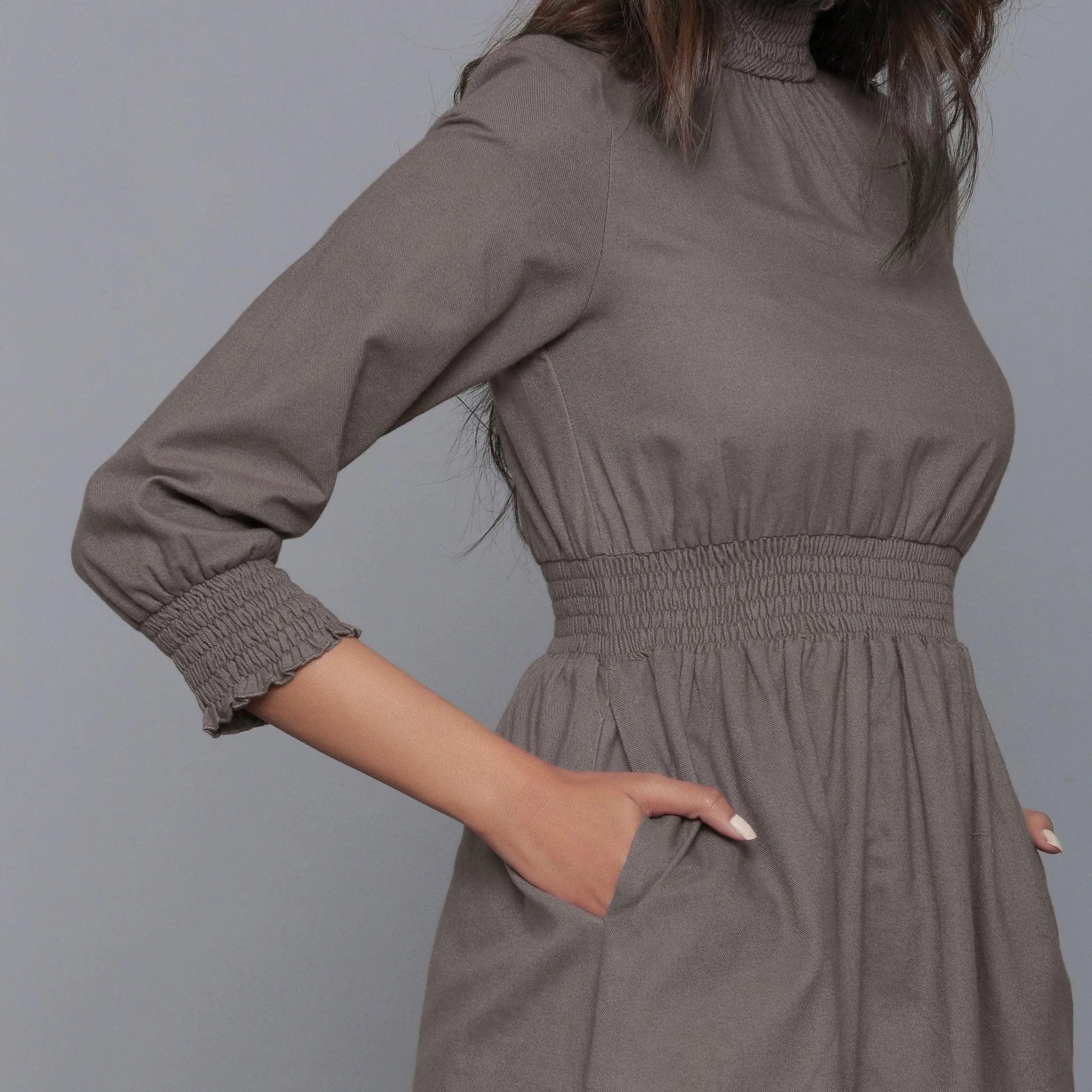 Ash Grey Warm Cotton Flannel High Neck Midi Dress