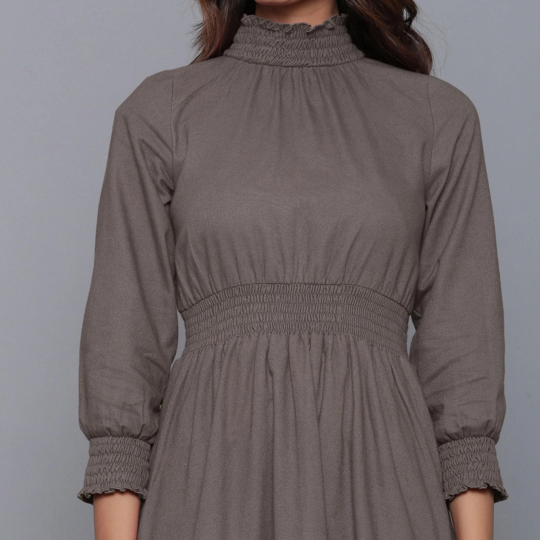 Ash Grey Warm Cotton Flannel High Neck Midi Dress