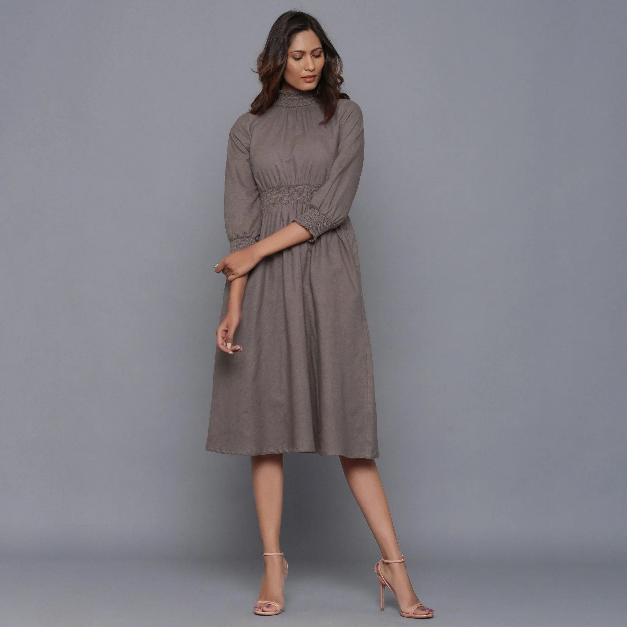 Ash Grey Warm Cotton Flannel High Neck Midi Dress