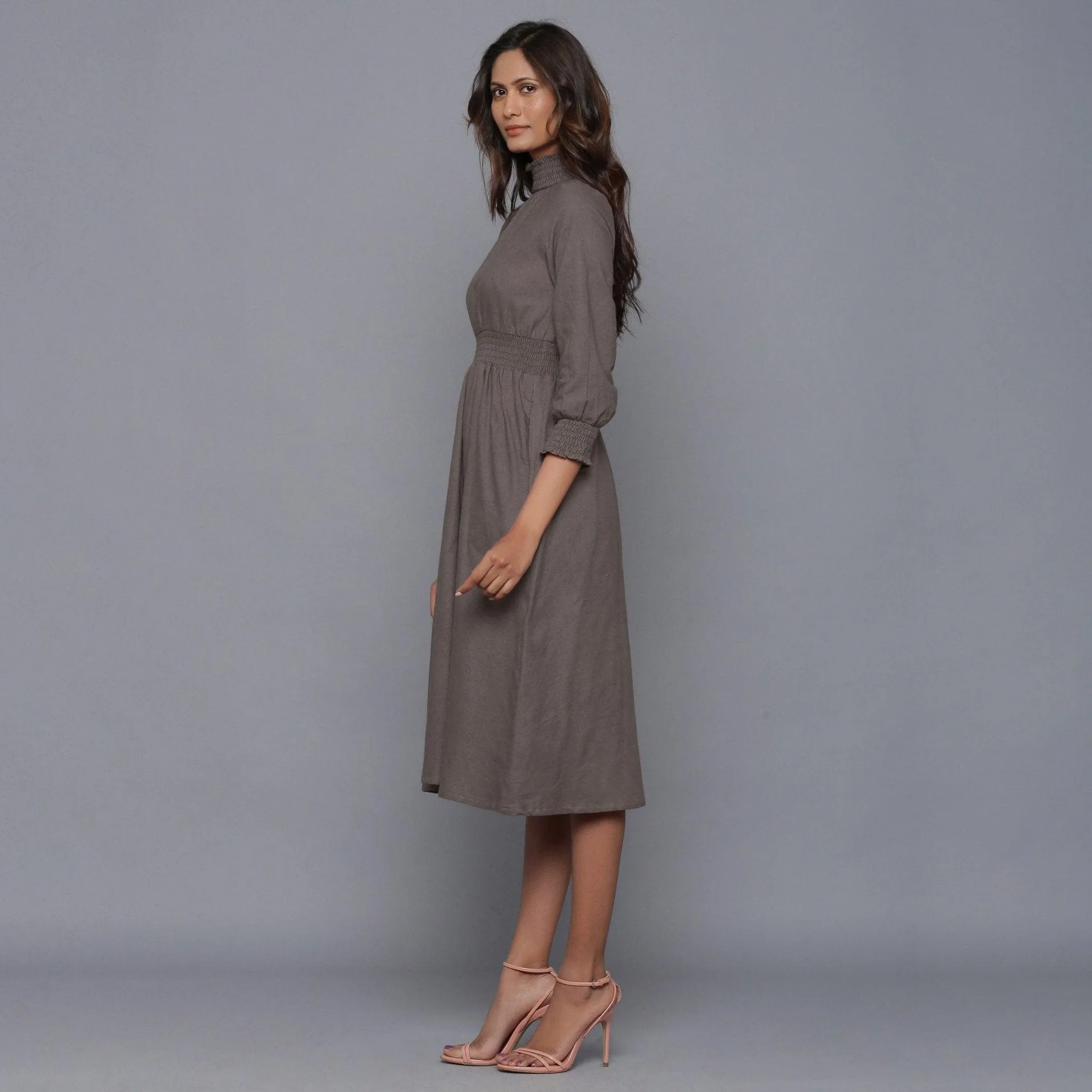 Ash Grey Warm Cotton Flannel High Neck Midi Dress