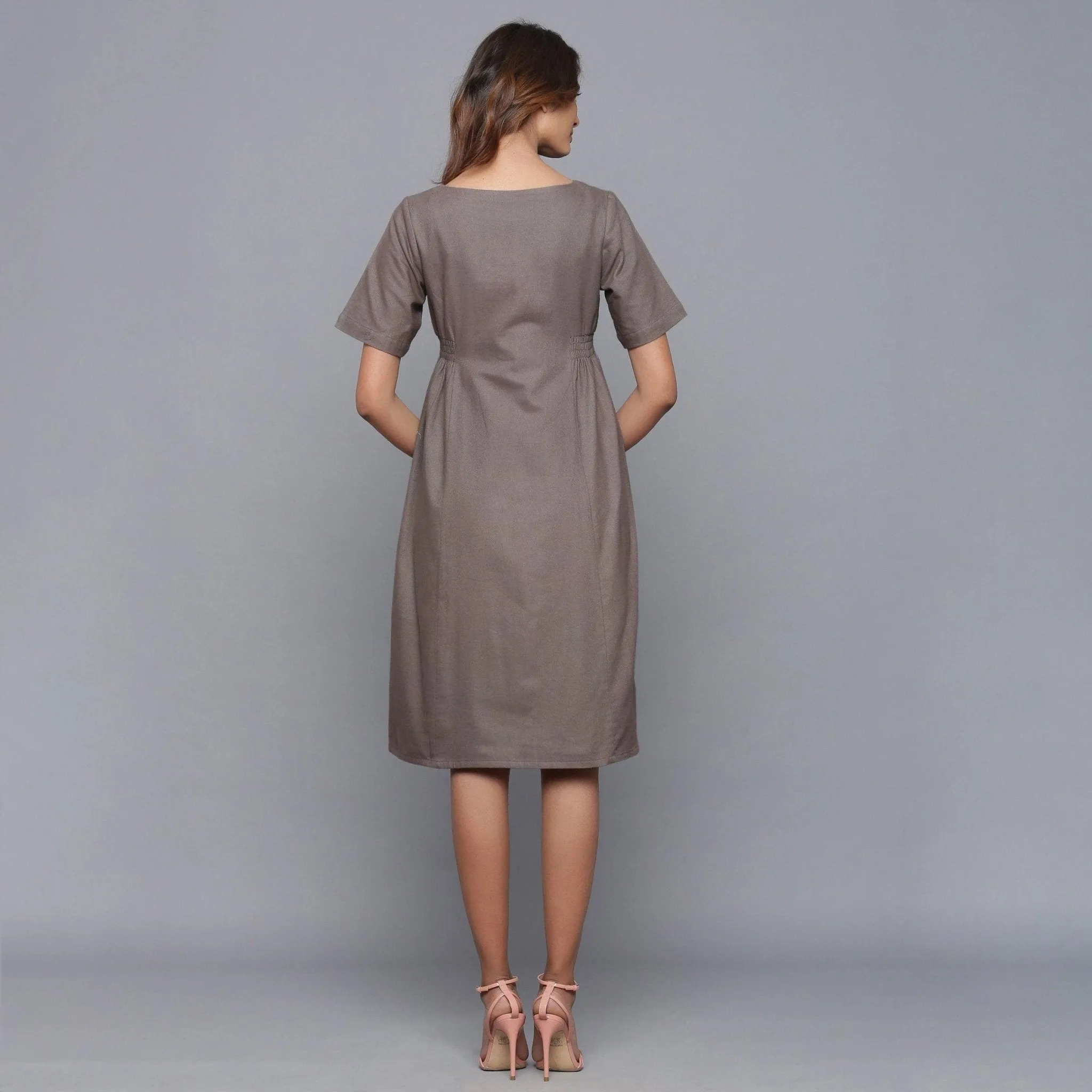 Ash Grey Warm Cotton Flannel Knee Length Paneled Dress