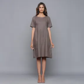 Ash Grey Warm Cotton Flannel Knee Length Paneled Dress