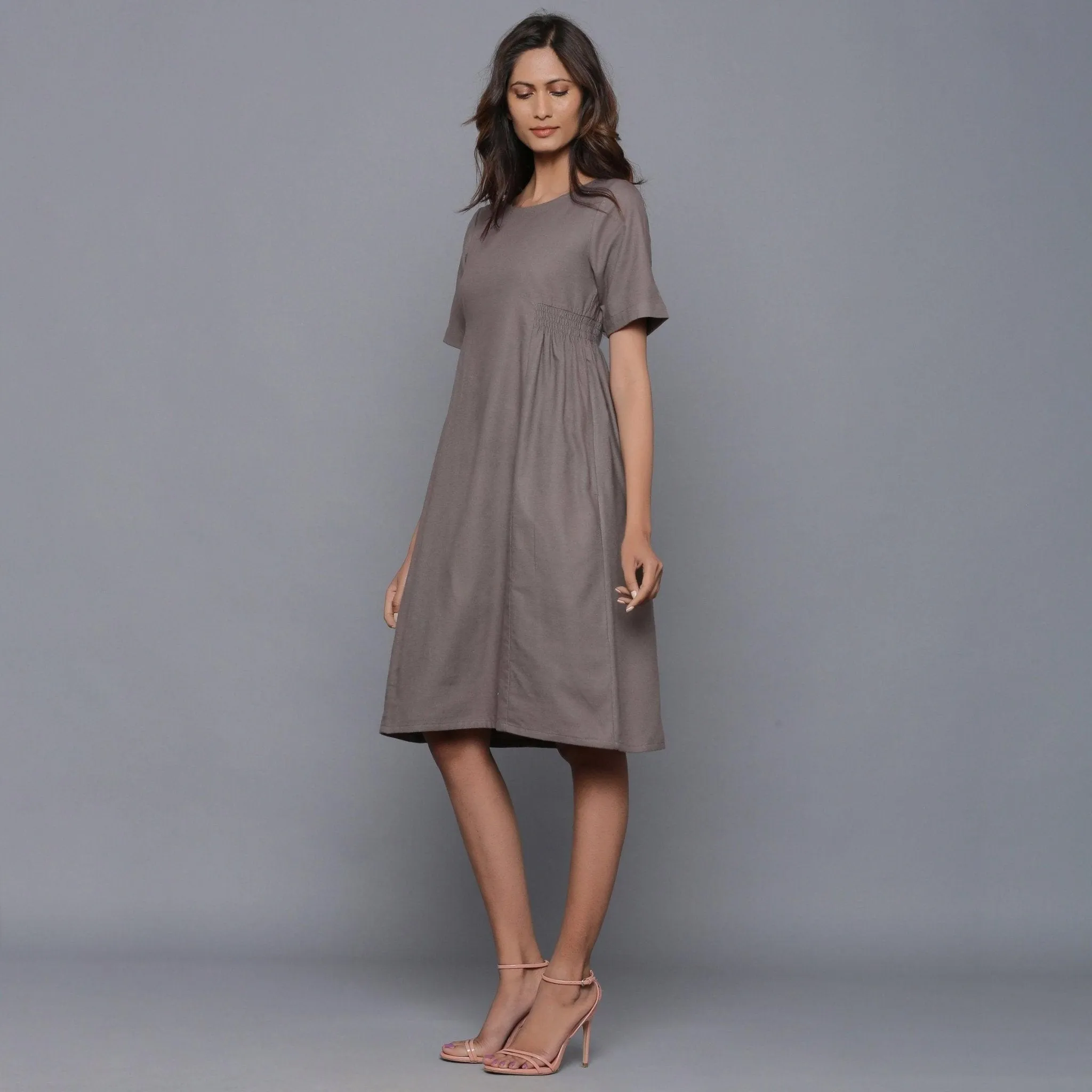 Ash Grey Warm Cotton Flannel Knee Length Paneled Dress