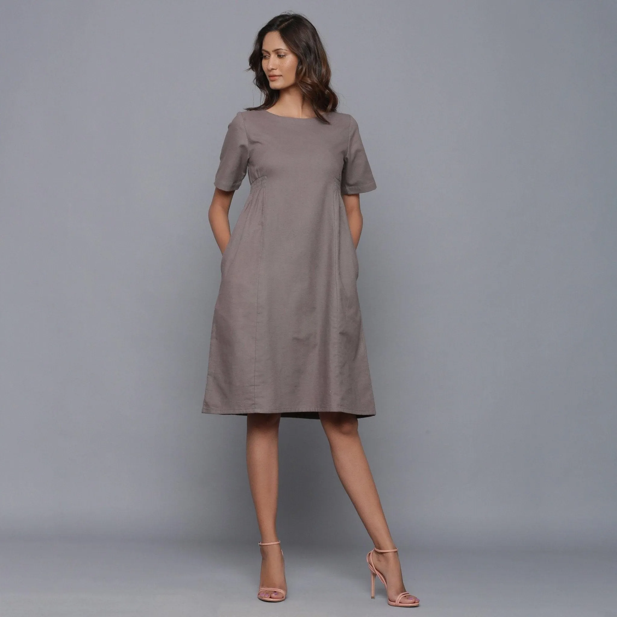 Ash Grey Warm Cotton Flannel Knee Length Paneled Dress