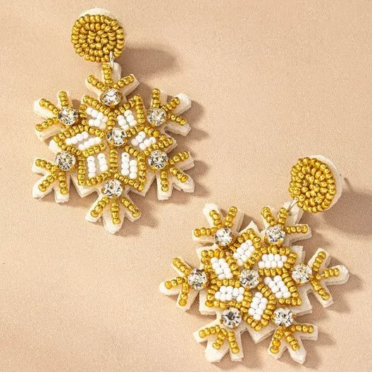 Beautiful Handcrafted Golden Beaded Rhinestone Snowflake Christmas Holiday Drop Earrings
