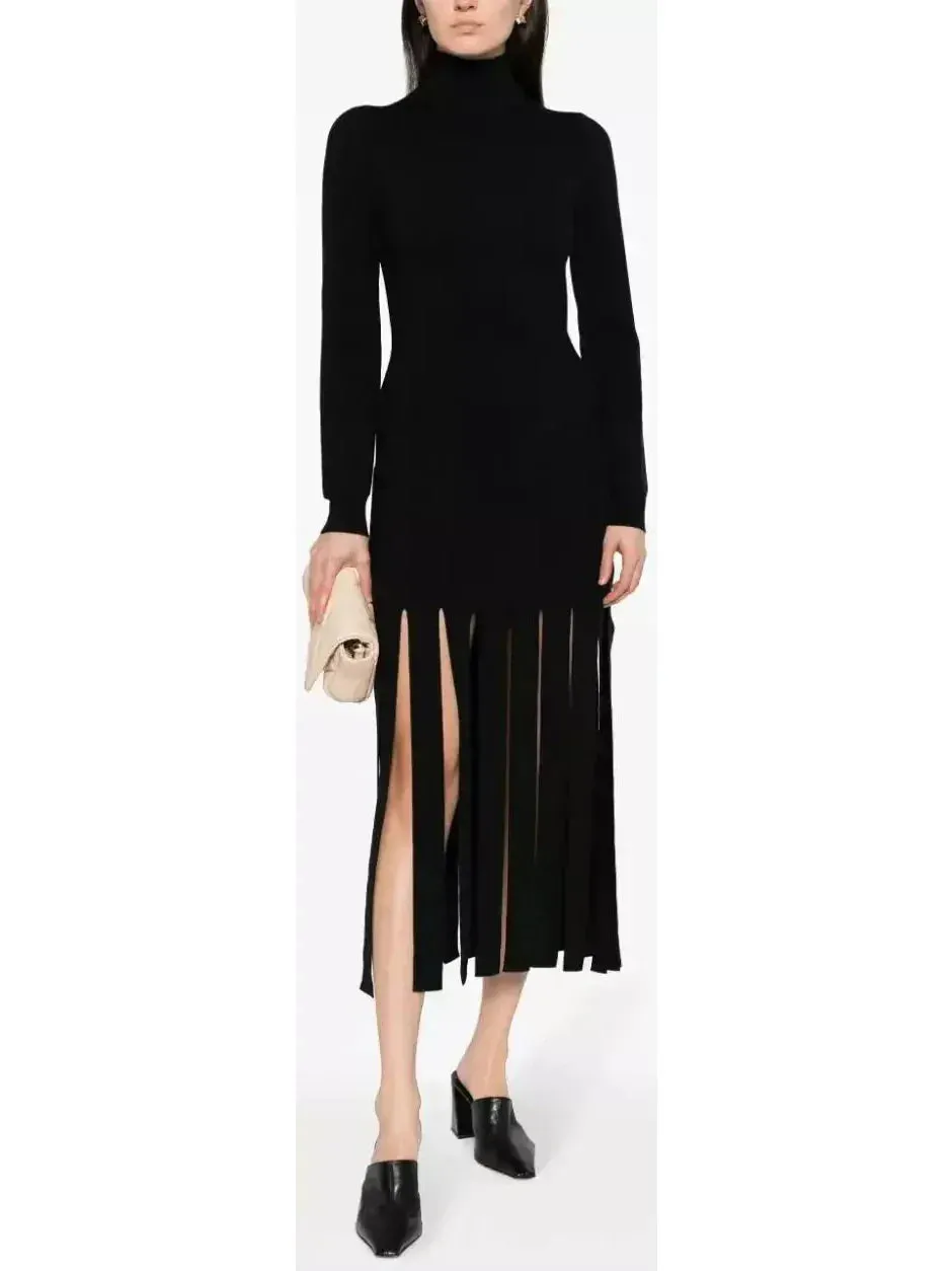 Black Fringed Knitted Dress