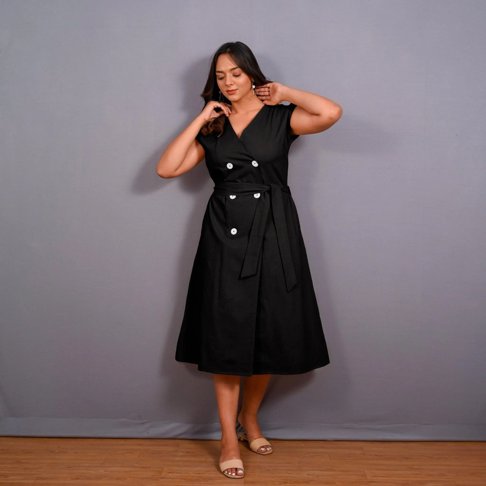 Black Warm Cotton Flannel Button-Down A-Line Midi Dress