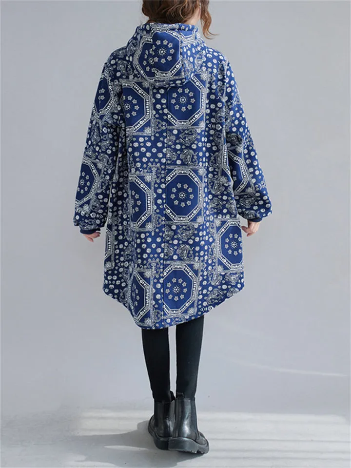 Blue Hooded Zipper Keep Warm Cotton-Padded Overcoat