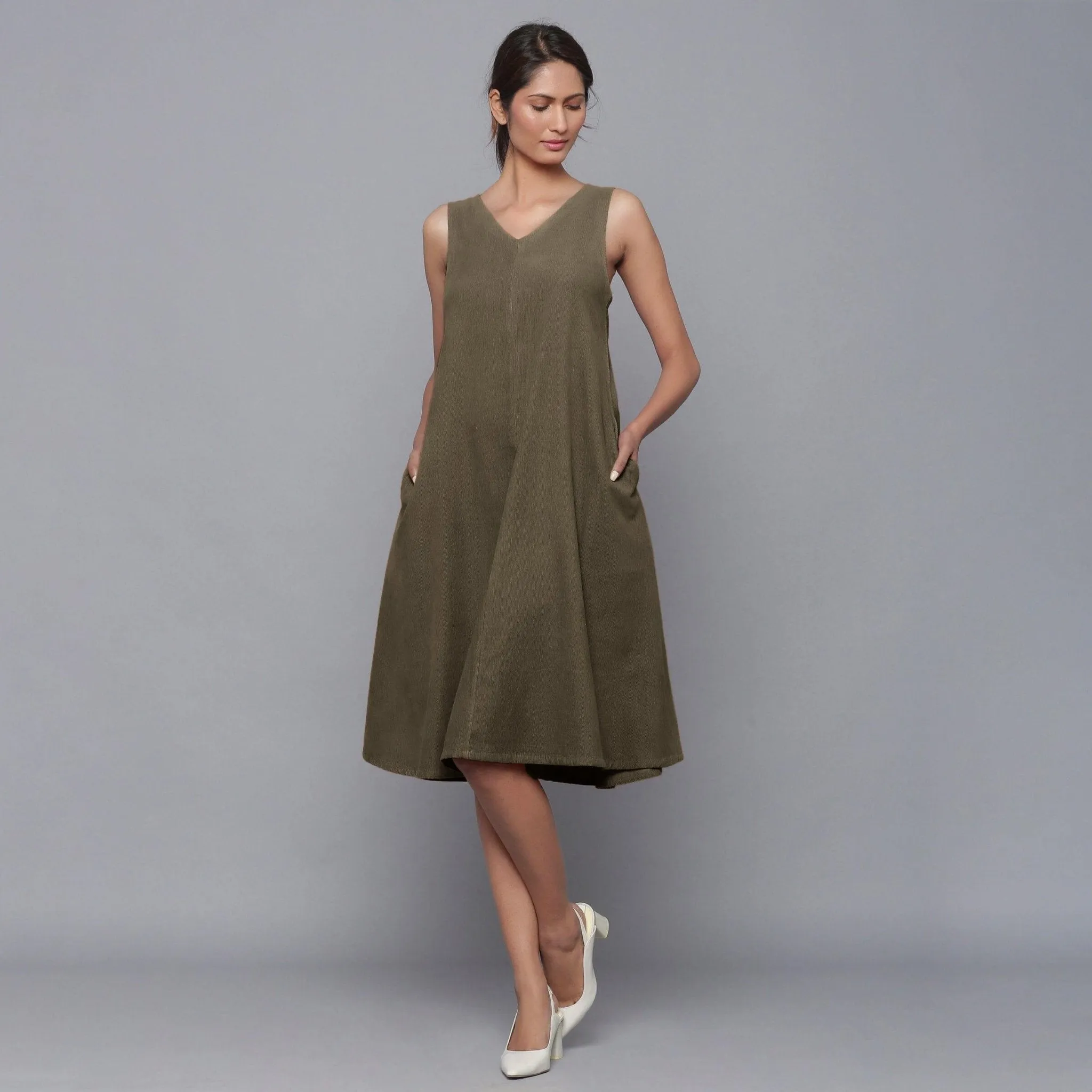 Bronze Grey Warm Cotton Corduroy Knee Length Flared Dress