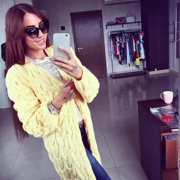 Cable Cardigan Long Knit Loose Solid Thick Sweater