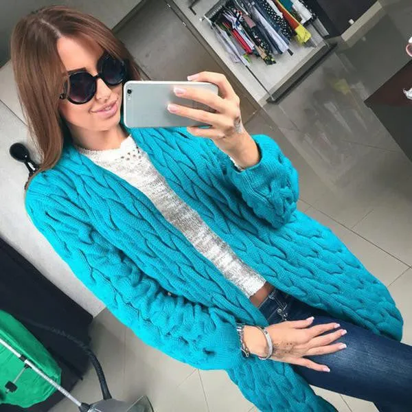Cable Cardigan Long Knit Loose Solid Thick Sweater