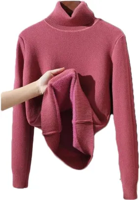 CaperuGreod Winter Fleece Thick Knitted Bottoming Shirt for Women, Casual Thick Turtleneck High Neck Sweater