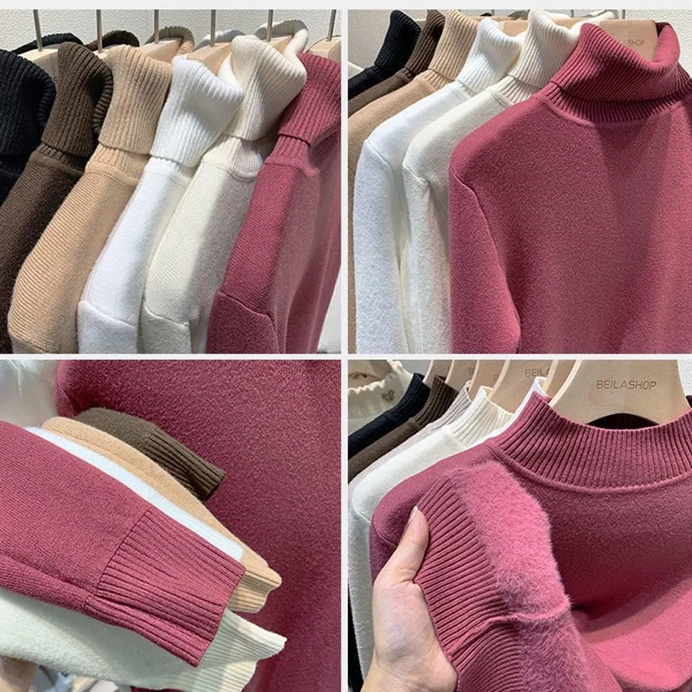 CaperuGreod Winter Fleece Thick Knitted Bottoming Shirt for Women, Casual Thick Turtleneck High Neck Sweater