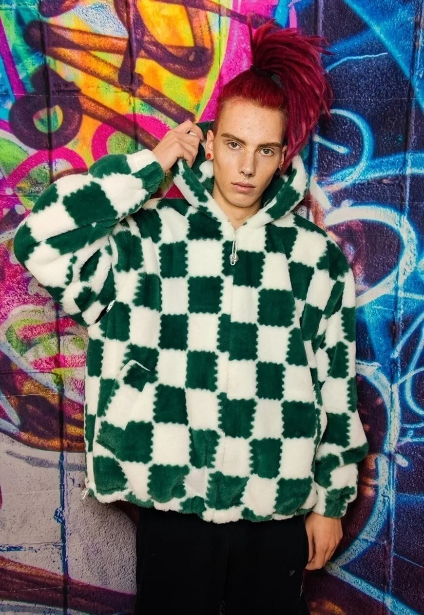 Check fleece hood jacket handmade fluffy chess bomber green
