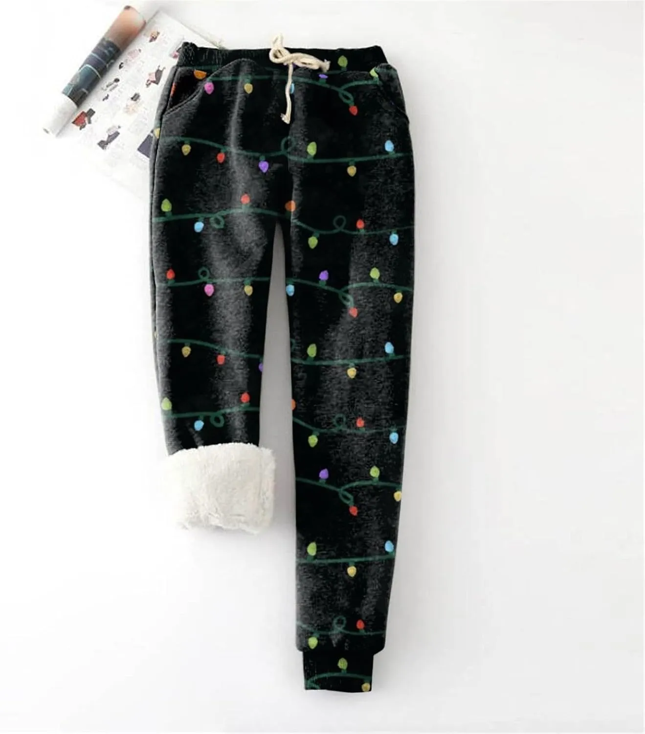 Christmas Fleece Joggers Women Plus Size Cute Polka Dot Sherpa Lined Sweatpants Thermal High Waisted Pants w/Pockets