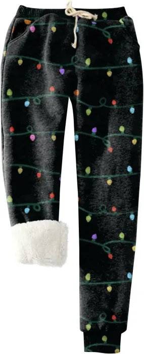 Christmas Fleece Joggers Women Plus Size Cute Polka Dot Sherpa Lined Sweatpants Thermal High Waisted Pants w/Pockets