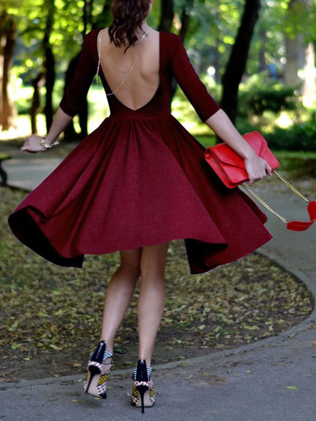 Clearance Backless Striped 3/4 Sleeves Knee-length Dress