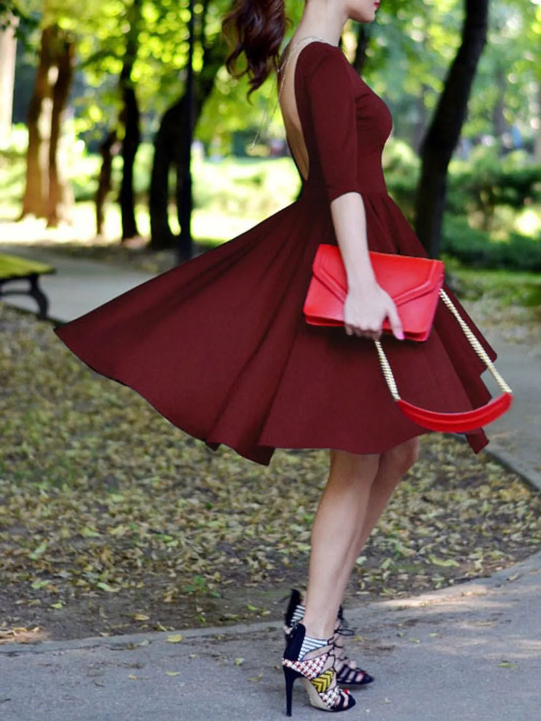 Clearance Backless Striped 3/4 Sleeves Knee-length Dress