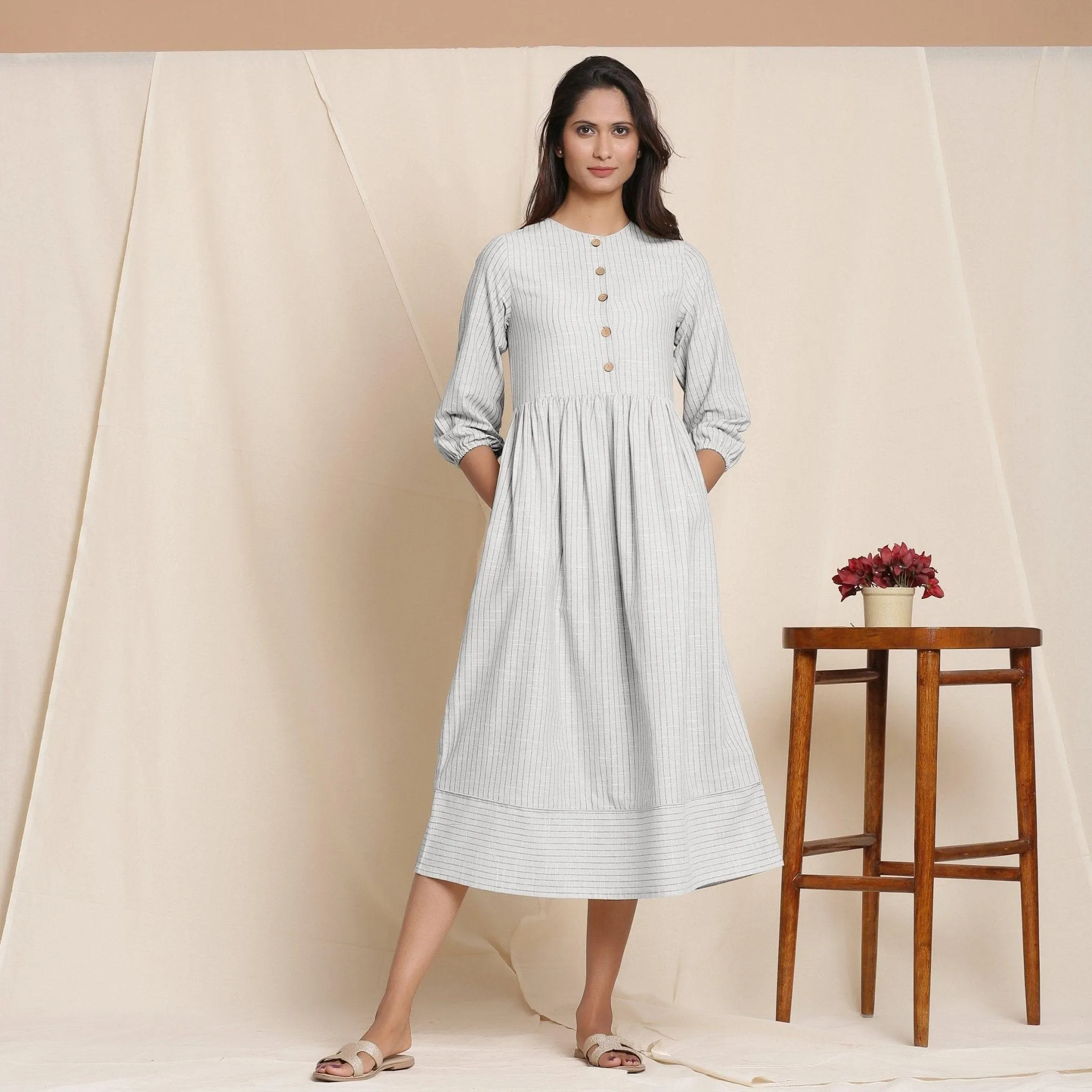 Cloudy Grey Warm Cotton Gathered Midi Dress