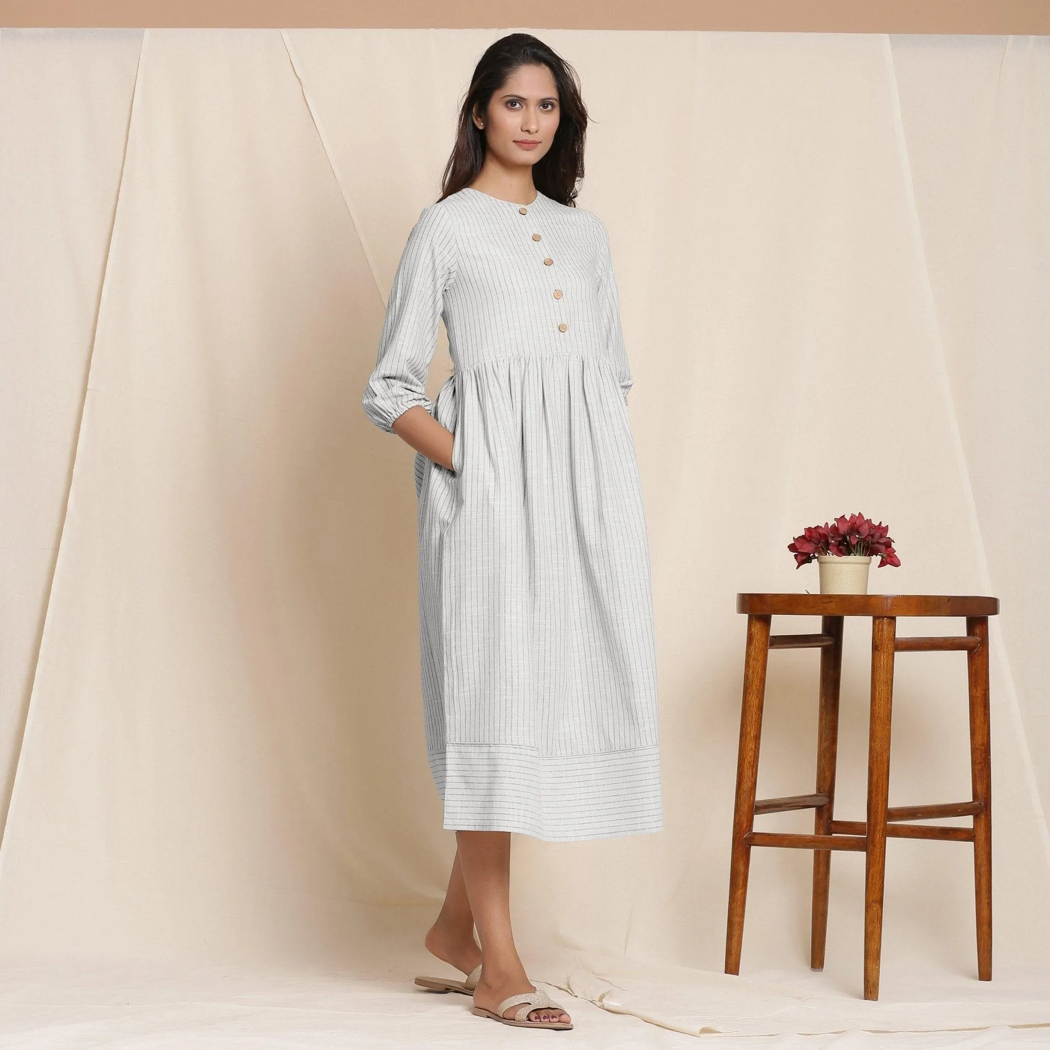 Cloudy Grey Warm Cotton Gathered Midi Dress
