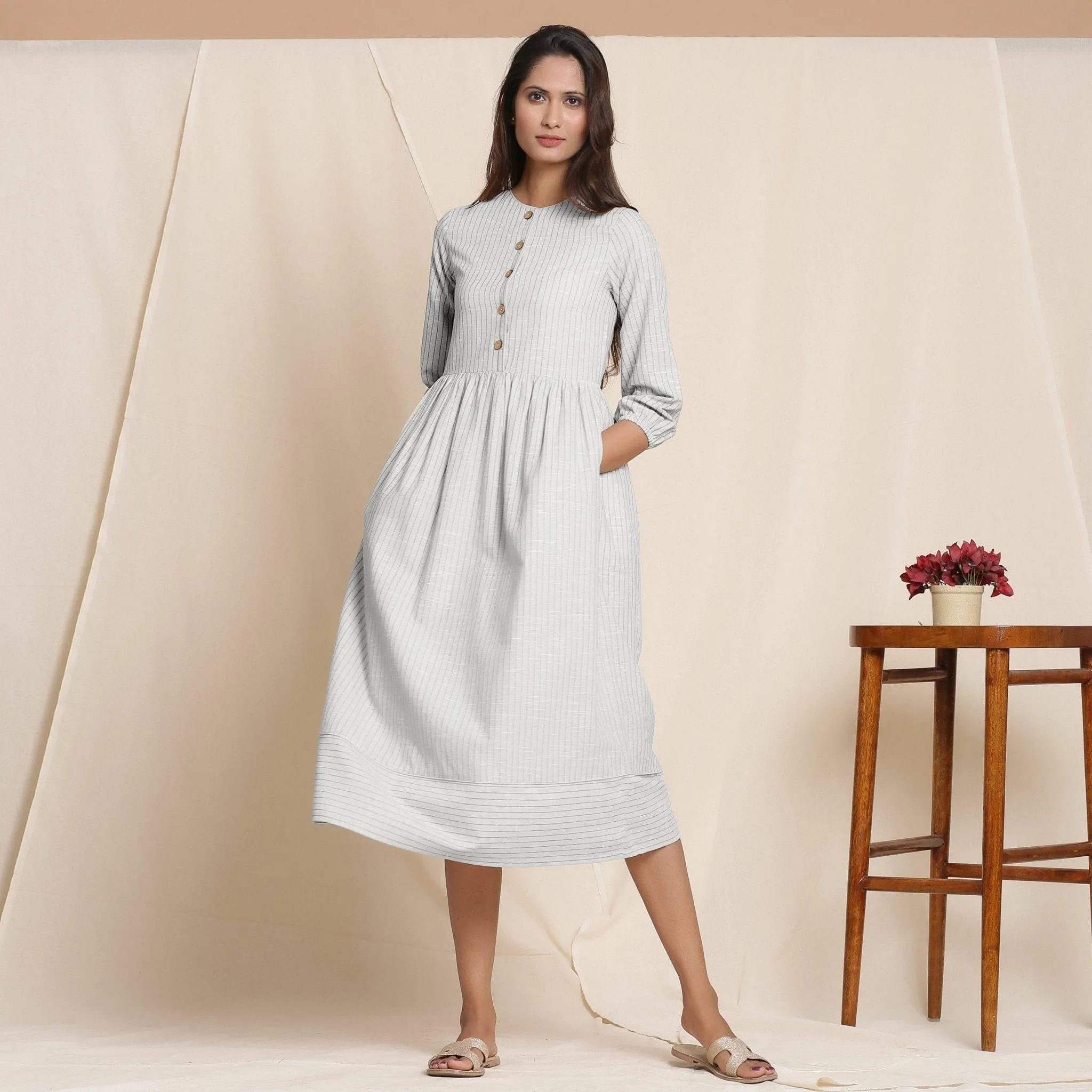 Cloudy Grey Warm Cotton Gathered Midi Dress