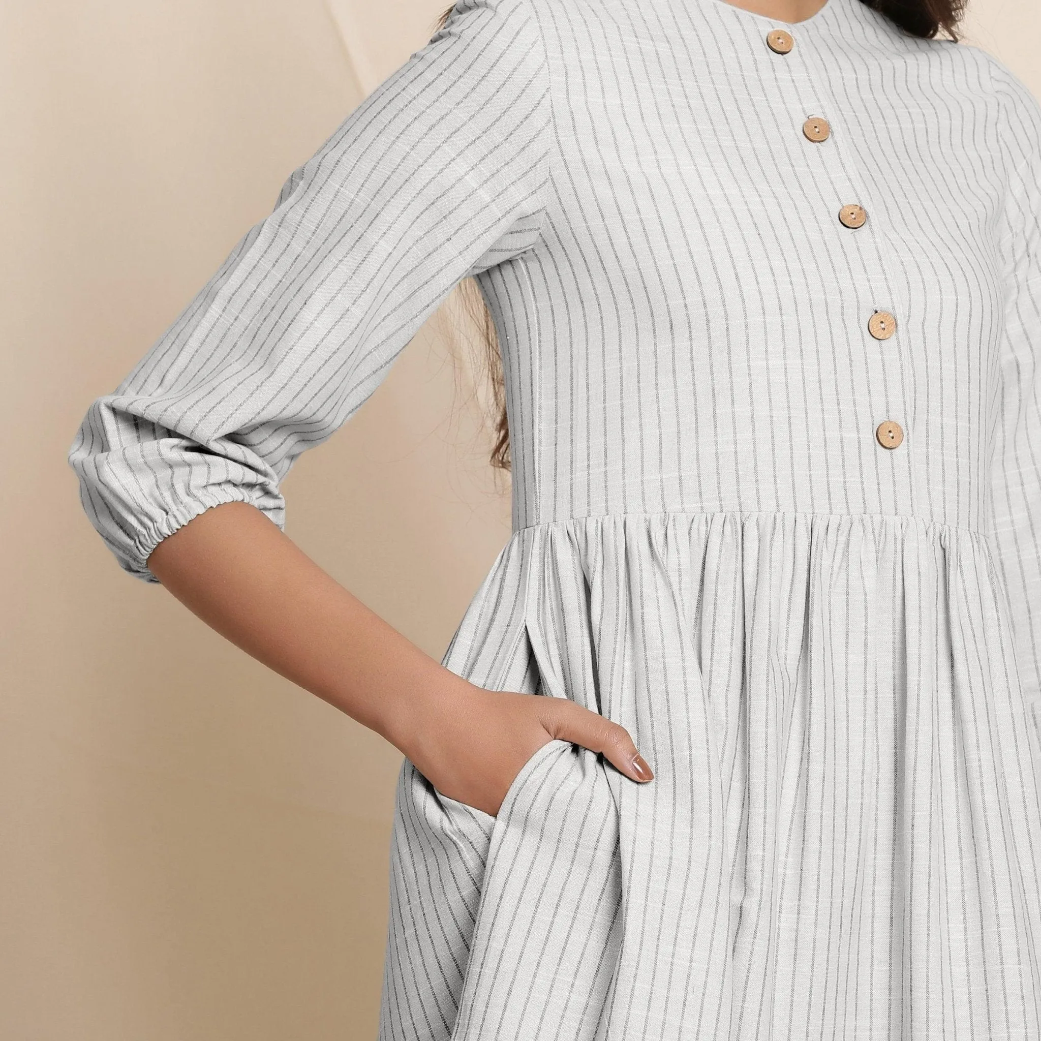 Cloudy Grey Warm Cotton Gathered Midi Dress