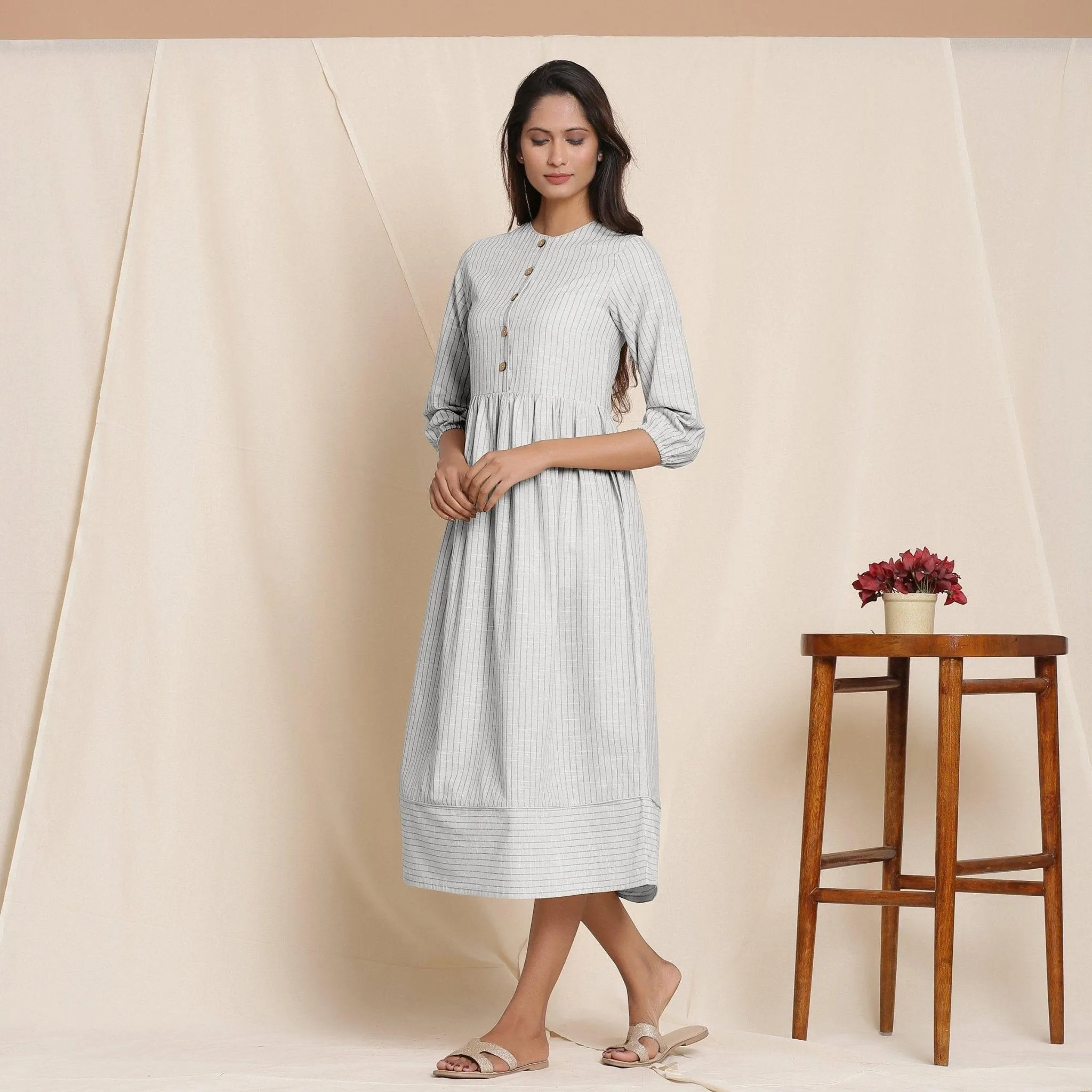 Cloudy Grey Warm Cotton Gathered Midi Dress