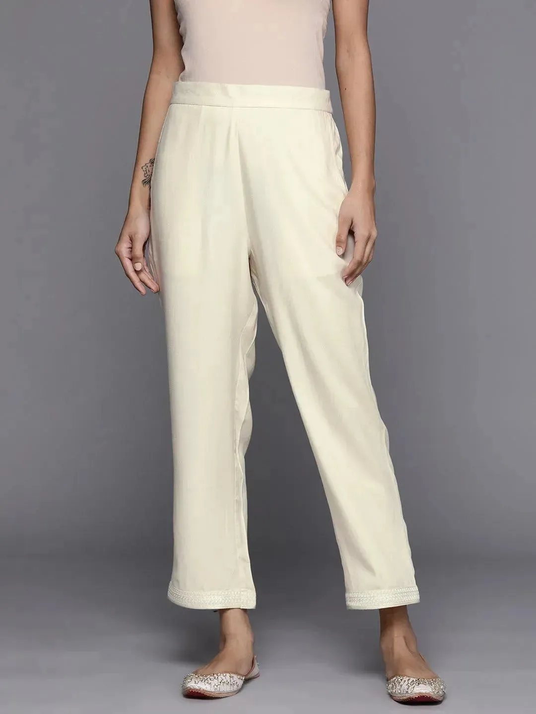 Cream Solid Pashmina Wool Trousers