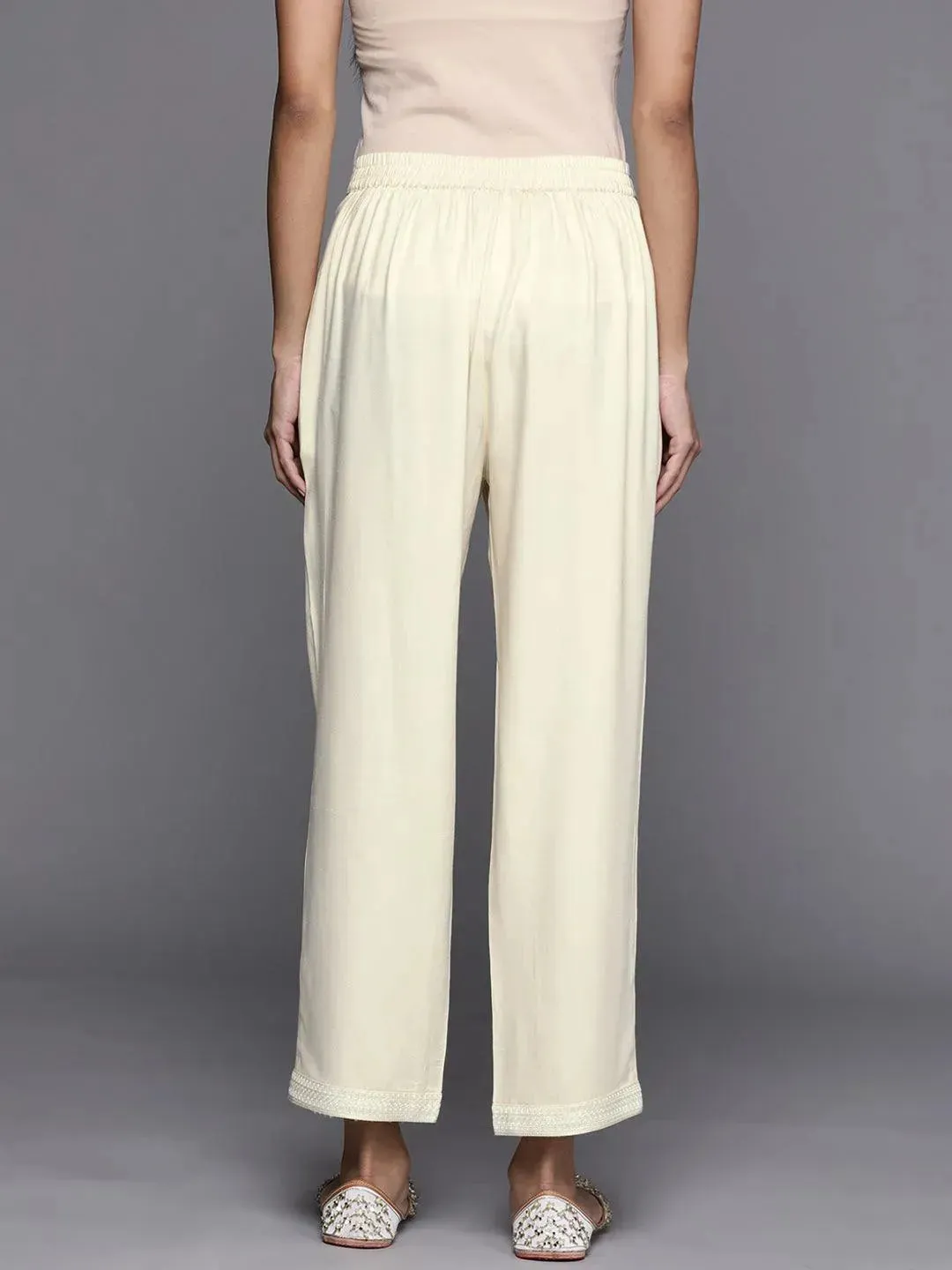 Cream Solid Pashmina Wool Trousers