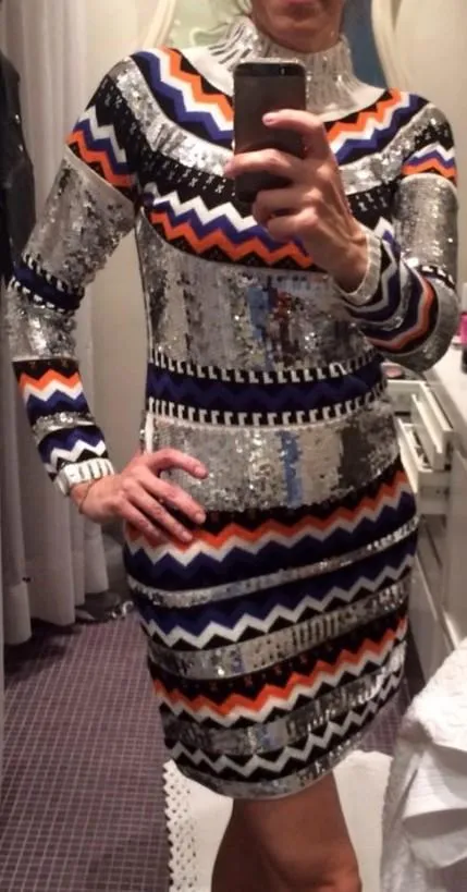 Embellished Chevron Sweater Dress-Silver