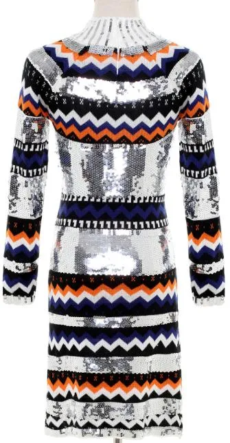 Embellished Chevron Sweater Dress-Silver