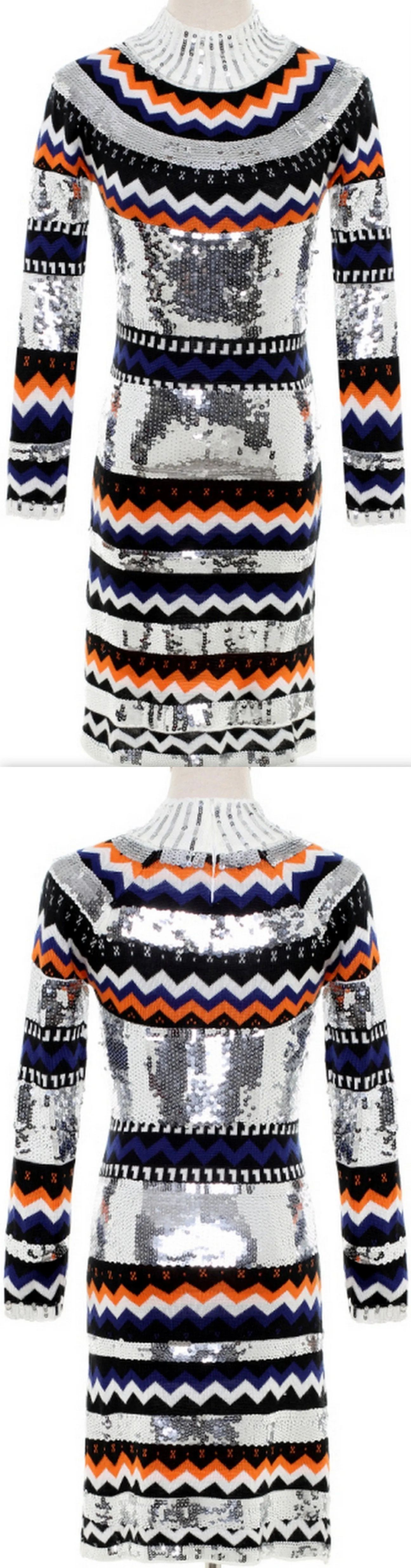 Embellished Chevron Sweater Dress-Silver