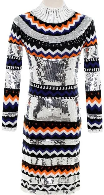 Embellished Chevron Sweater Dress-Silver