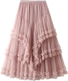 Fashion Ruffles Mesh Skirt for Women High Elastic Waist Solid Color Layers A-Line Skirts