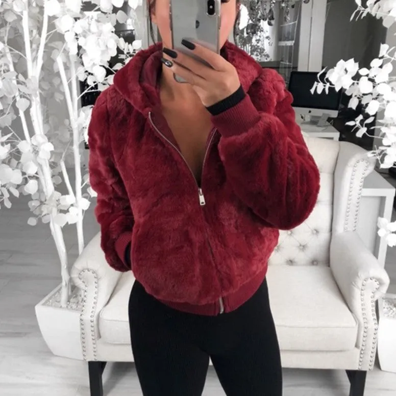 Faux Fur Zip-Up Jacket with Hood