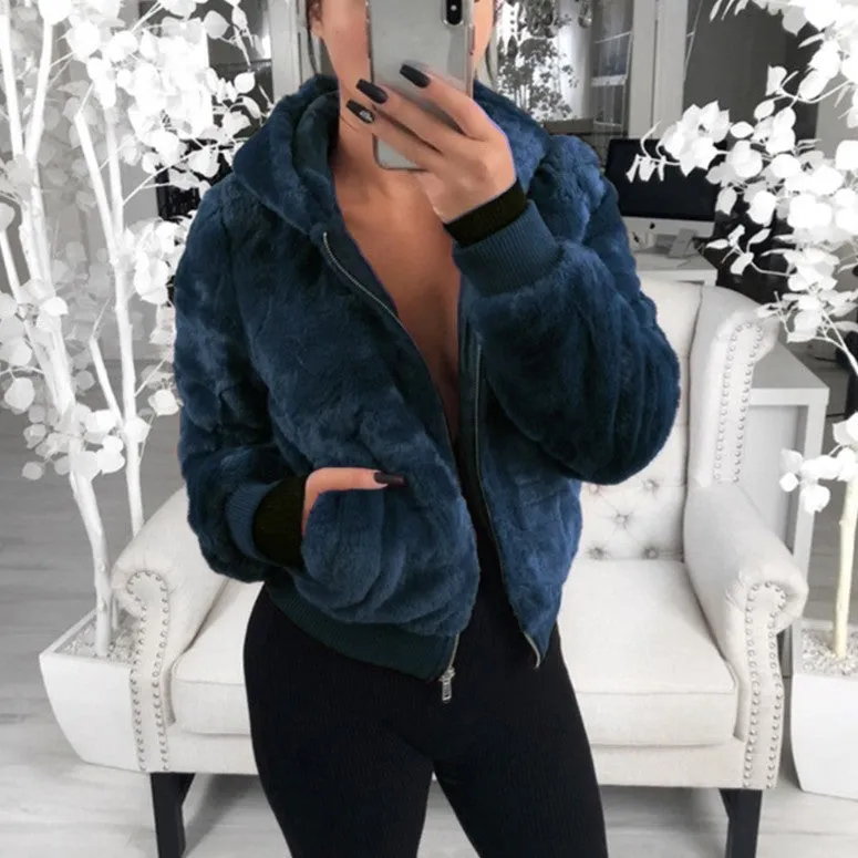 Faux Fur Zip-Up Jacket with Hood