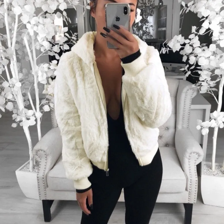 Faux Fur Zip-Up Jacket with Hood