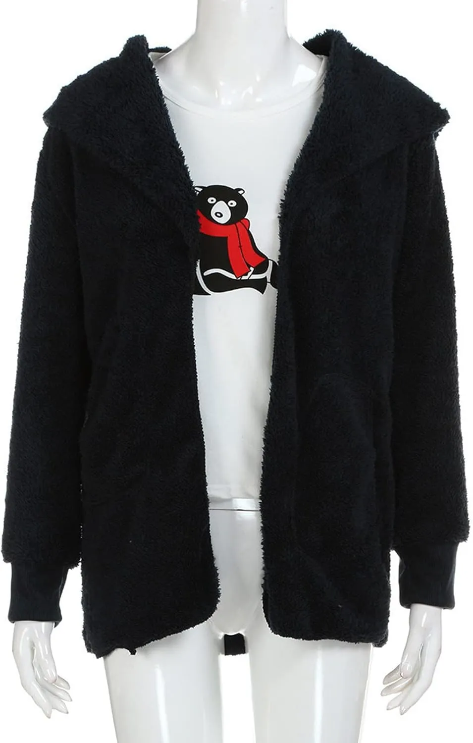 Fleece Jackets for Women Fuzzy Open Front Oversized Cardigan Hooded Sherpa Jacket Fluffy Winter Coats with Pockets