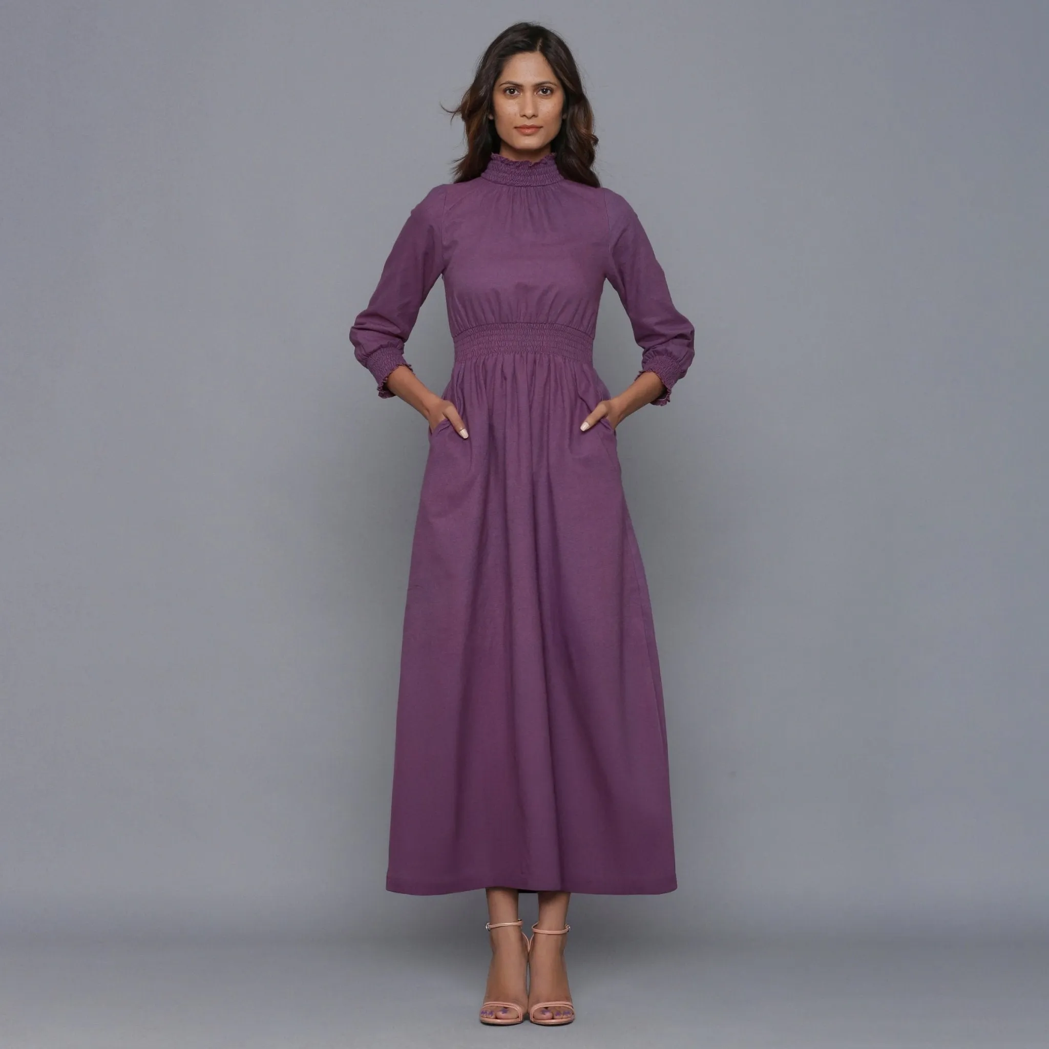 Grape Wine Warm Cotton Flannel High Neck Maxi Dress