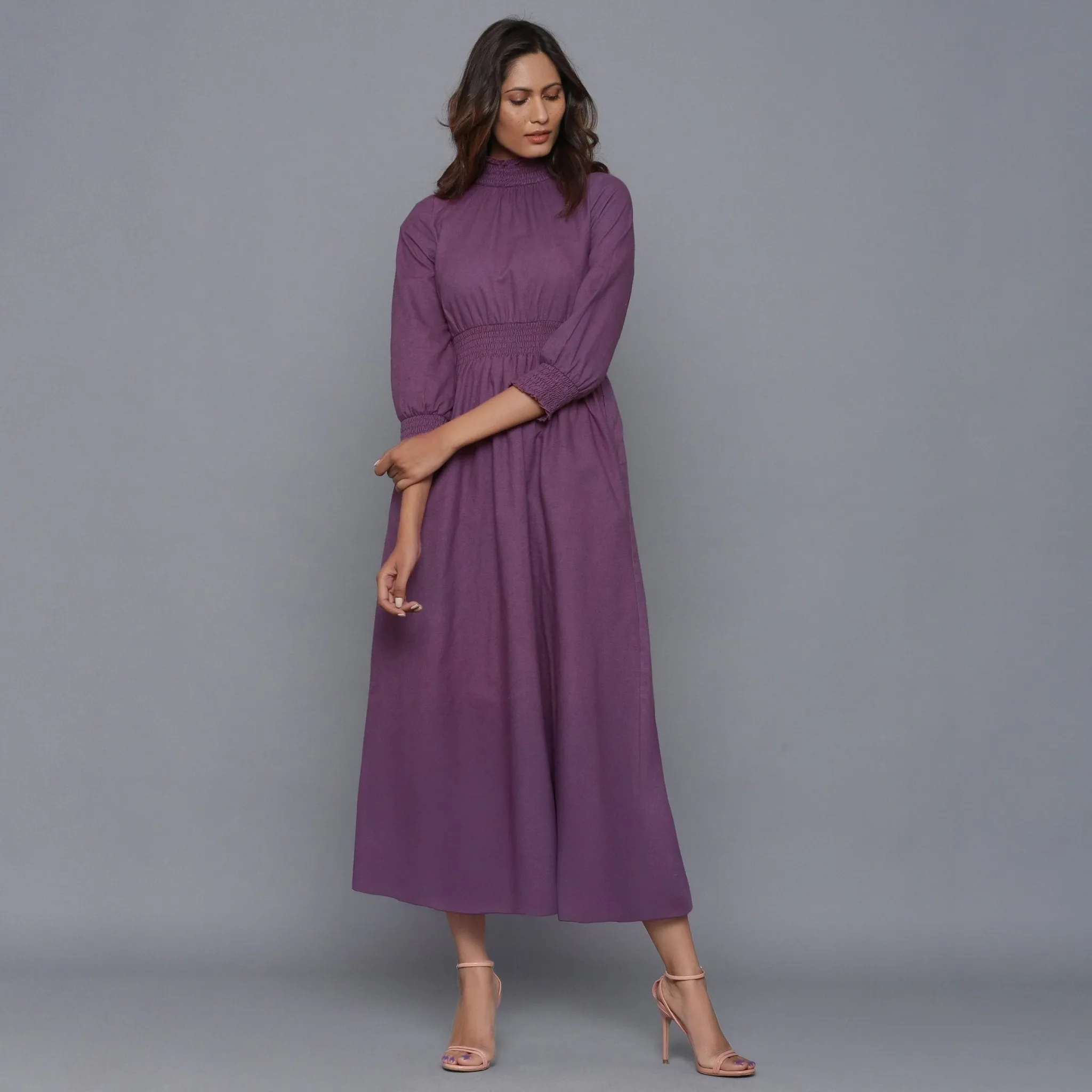 Grape Wine Warm Cotton Flannel High Neck Maxi Dress