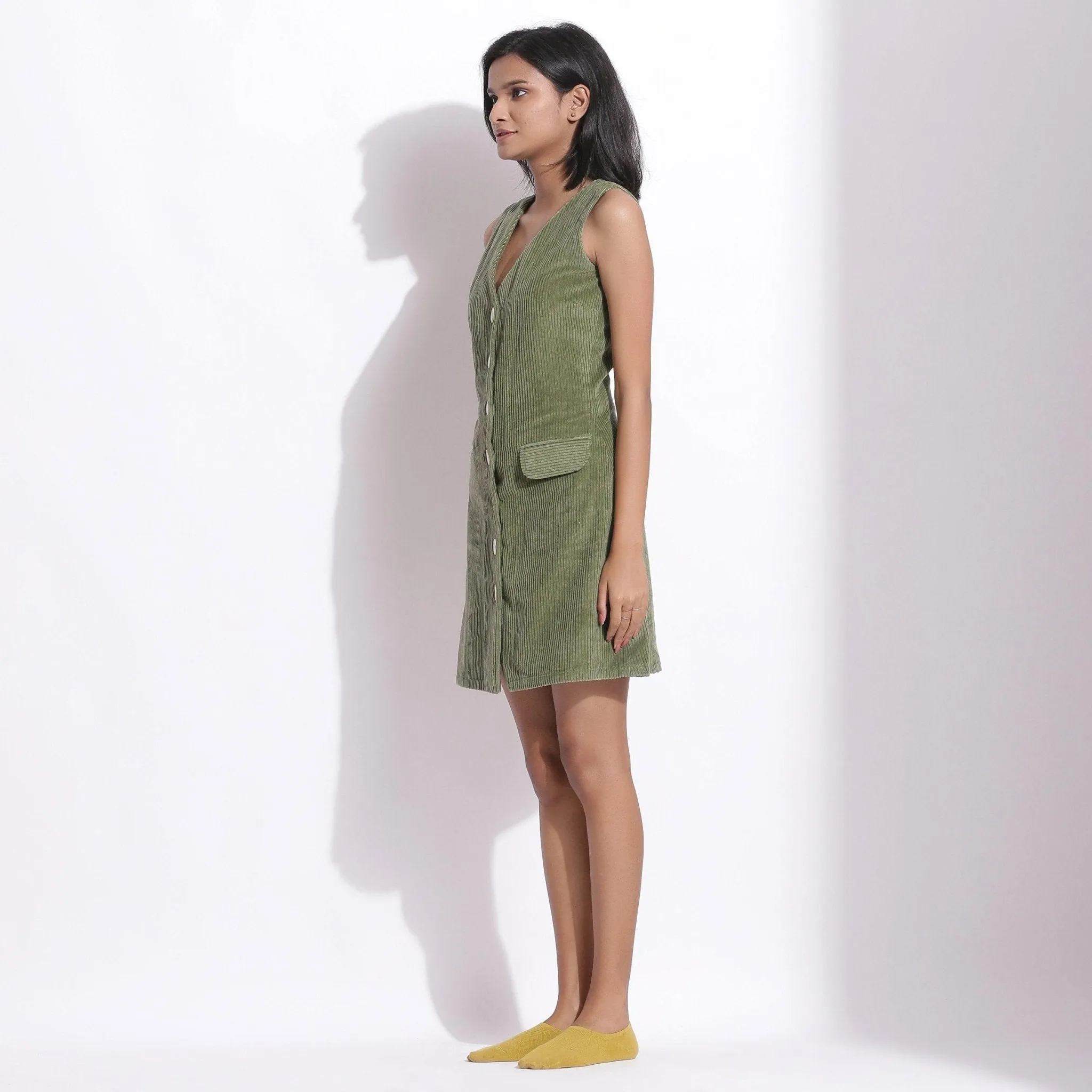 Green Warm Cotton Corduroy Sleeveless Short Dress