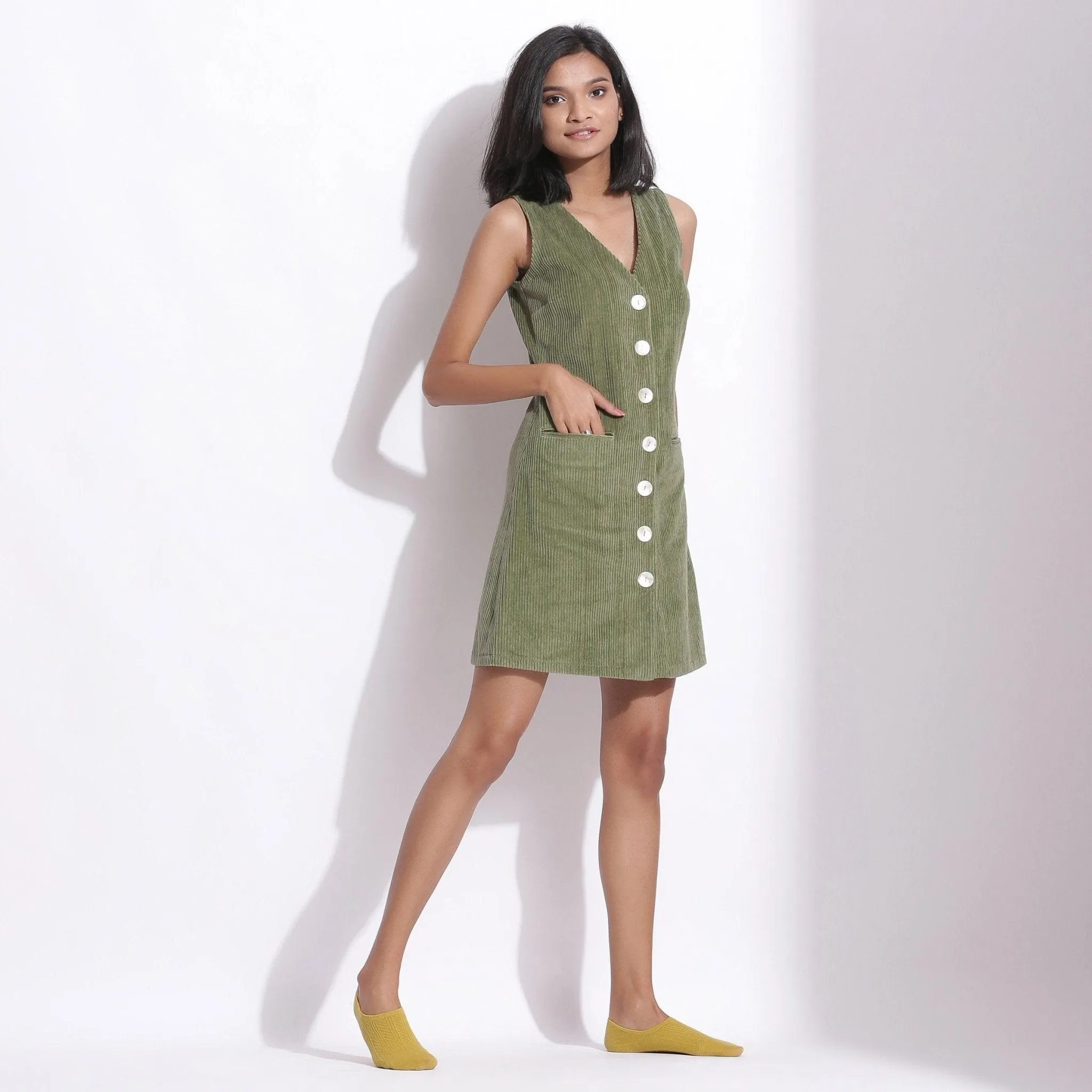 Green Warm Cotton Corduroy Sleeveless Short Dress
