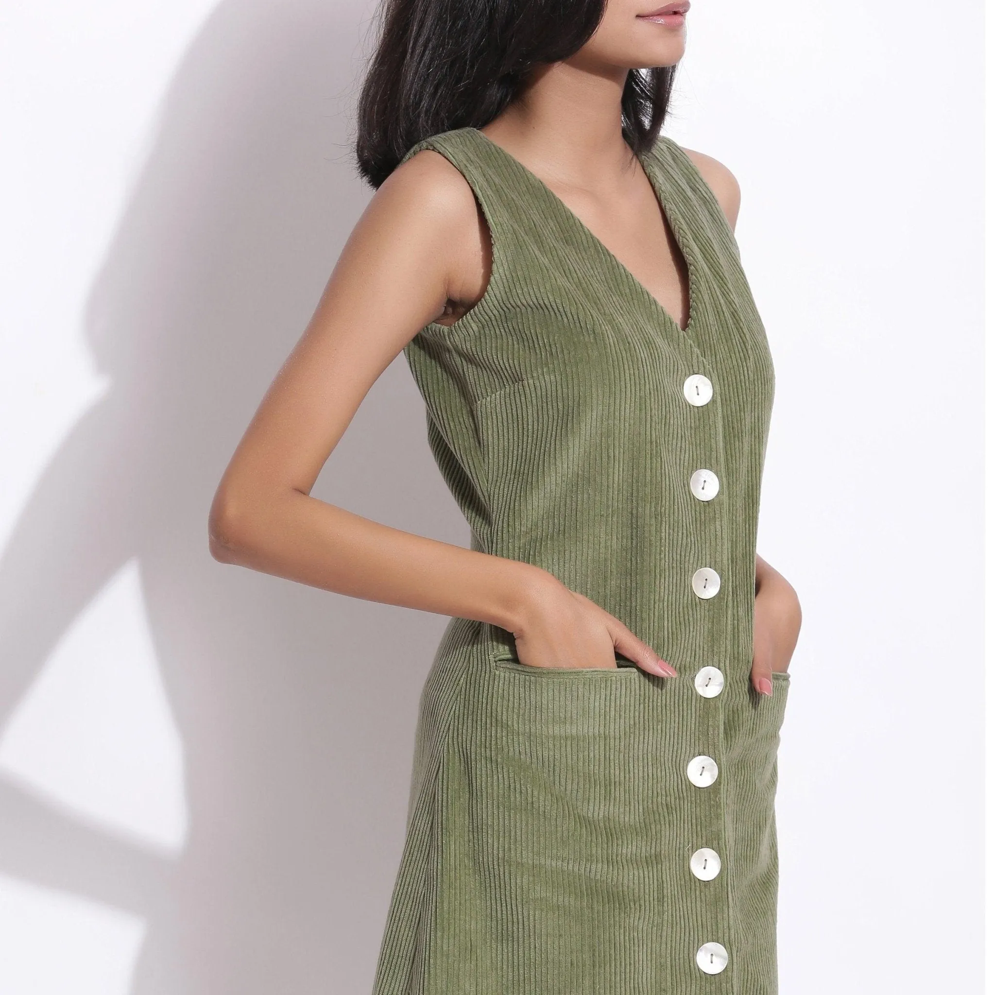 Green Warm Cotton Corduroy Sleeveless Short Dress