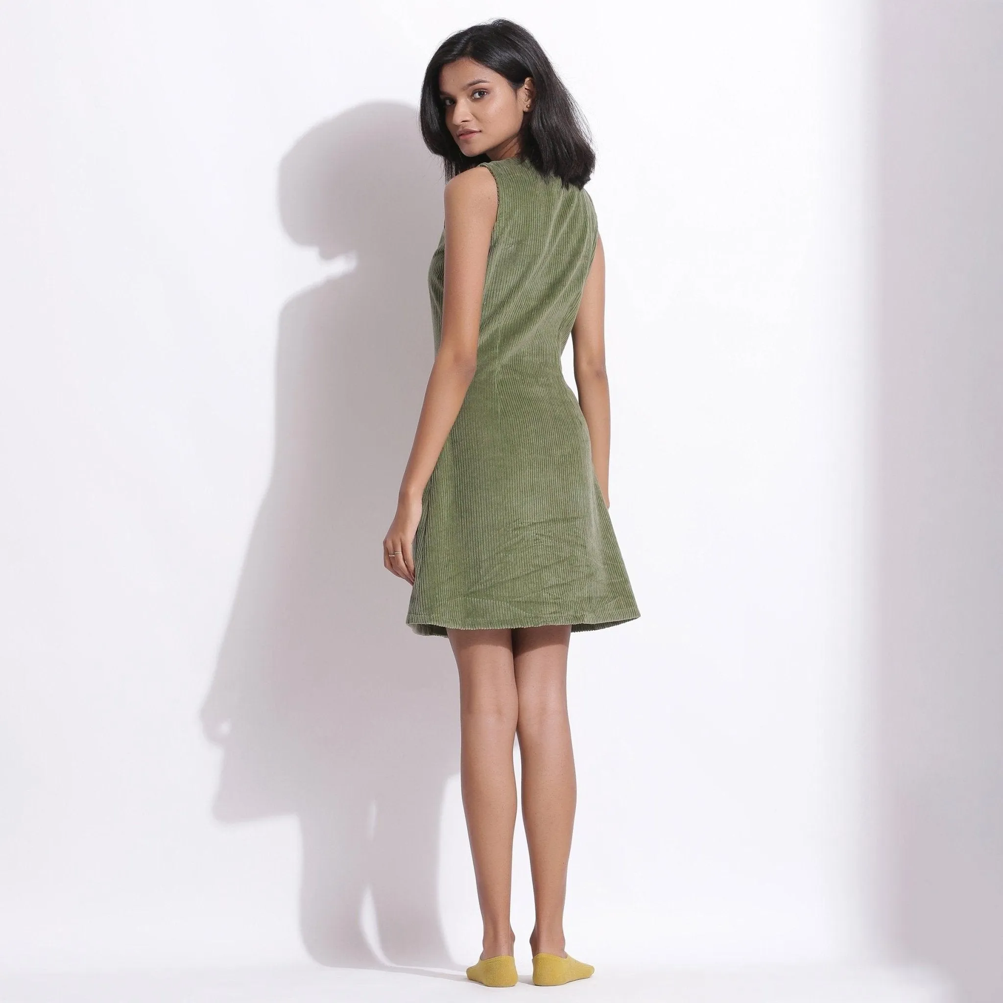 Green Warm Cotton Corduroy Sleeveless Short Dress